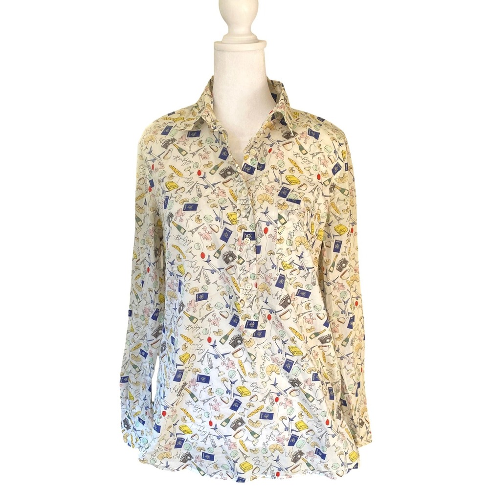J.Crew French Novelty‎ Print White Popover Shirt 4 Twee Work Paris Travel Europe